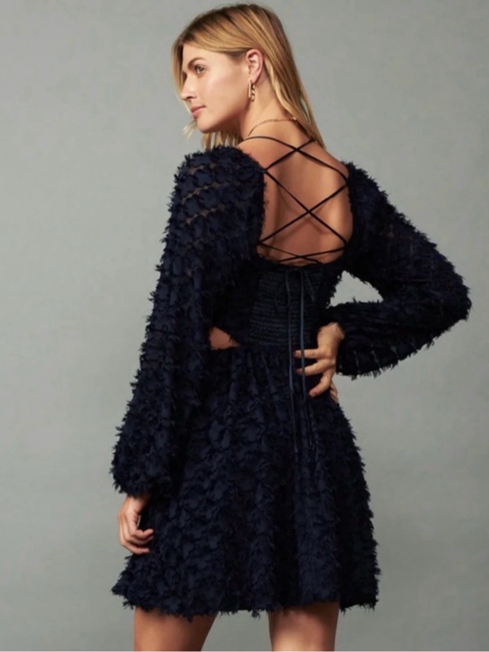 Current Air Long Sleeve Navy Blue Lace-Up Back‎ Textured Mini Dress Size Medium